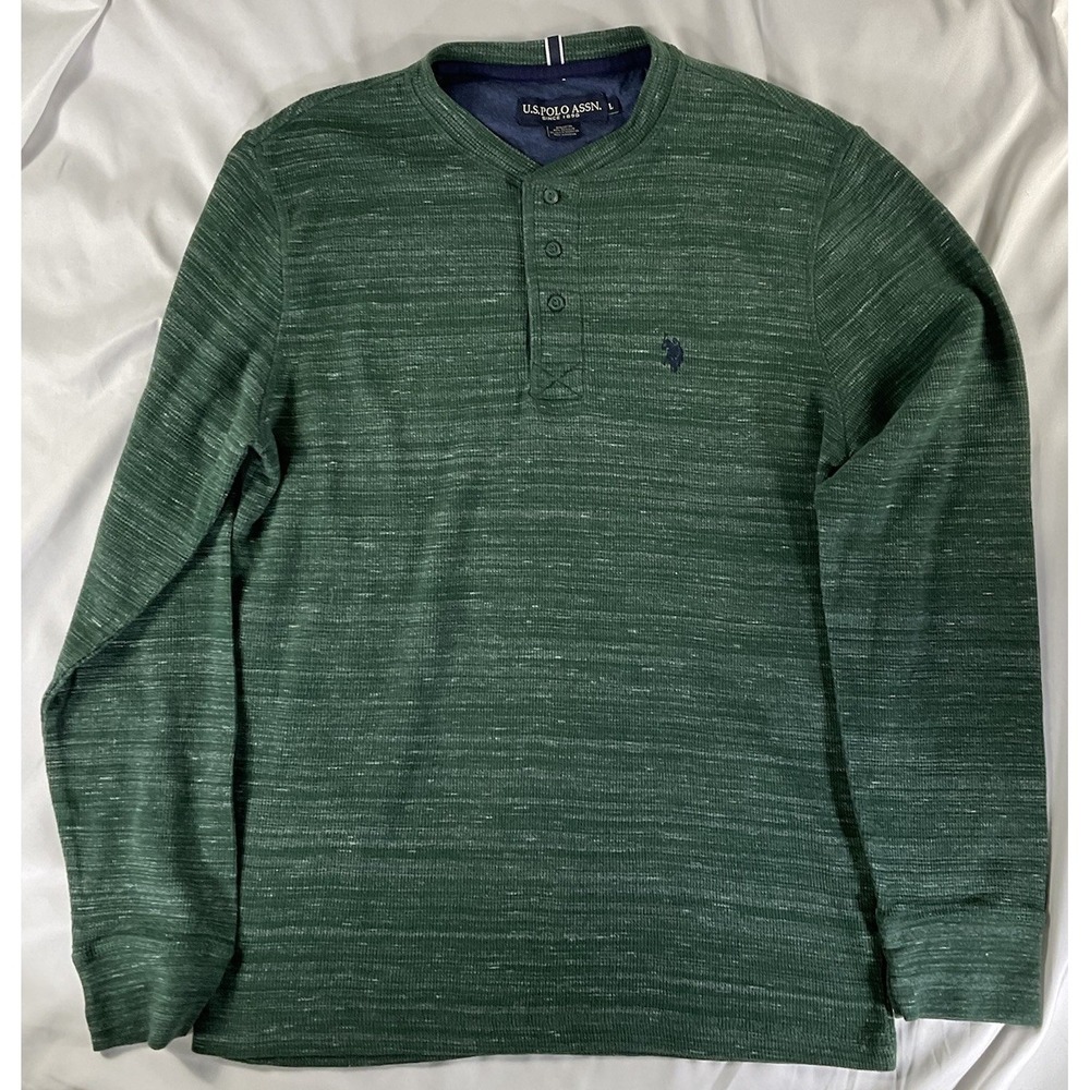 U.S. Polo Assn. Large Men's Space Dye Green Thermal Shirt Long Sleeve Henley